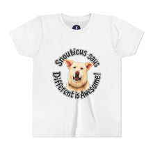 Load image into Gallery viewer, Youth Tee – “Snouticus Says Different is Awesome!”
