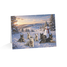 Load image into Gallery viewer, Winter Snowman Greeting Cards with German Shepherds — Holiday Christmas Cards (Pack of 1, 10, 30, 50)

